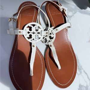 Tory Burch White Leather Logo Thong Sandals with Tan Footbed